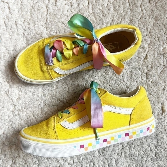Vans Rare Yellow Canvas and Suede Multi-Colored Checkered White Soles Size 3 - Picture 1 of 10